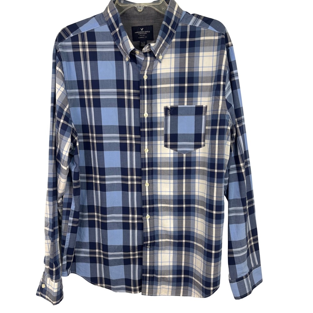 American Eagle Mens XL Blue Patchwork Plaid Classic Fit Button Down Shirt Cotton